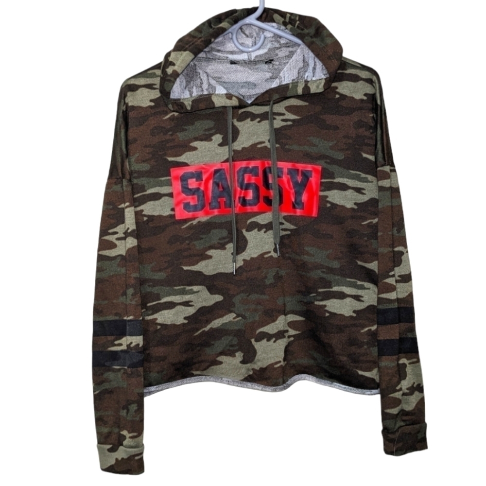 RED Sassy XL Women's Cropped Hoodie Camo Camoflauge Brown Green Drawstring